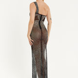 House of Holland Elegant One-Shoulder Sheer Black Gown with Rhinestone Detailing