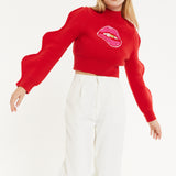 Lip Embroidery Wave Sleeve Jumper In Red