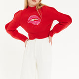 Lip Embroidery Wave Sleeve Jumper In Red