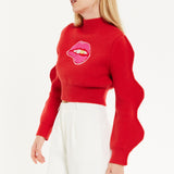 Lip Embroidery Wave Sleeve Jumper In Red