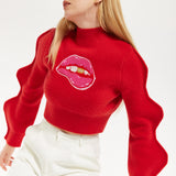 Lip Embroidery Wave Sleeve Jumper In Red