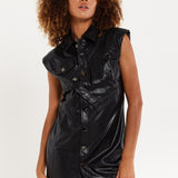 Rocker Faux Leather Twist Button Dress