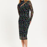 HOUSE OF HOLLAND NEON GREEN AND PINK FLAME PRINT MESH MIDI DRESS WITH CUT OUT DETAILS