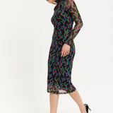 HOUSE OF HOLLAND NEON GREEN AND PINK FLAME PRINT MESH MIDI DRESS WITH CUT OUT DETAILS