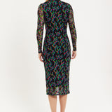 HOUSE OF HOLLAND NEON GREEN AND PINK FLAME PRINT MESH MIDI DRESS WITH CUT OUT DETAILS