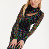 HOUSE OF HOLLAND NEON GREEN AND PINK FLAME PRINT MESH MIDI DRESS WITH CUT OUT DETAILS