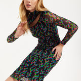 HOUSE OF HOLLAND NEON GREEN AND PINK FLAME PRINT MESH MIDI DRESS WITH CUT OUT DETAILS