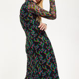 HOUSE OF HOLLAND NEON GREEN AND PINK FLAME PRINT MESH MIDI DRESS WITH CUT OUT DETAILS