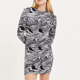 House of Holland Monochrome Swirl Print Ruched Mini Dress In Black&White