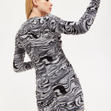 House of Holland Monochrome Swirl Print Ruched Mini Dress In Black&White