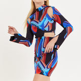 House Of Holland Abstract Print Mini Dress With Cut Out Details And Sleeve Slit