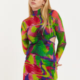 House Of Holland Abstract Multicolour Print Mini Dress With Cut Out Details