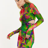 House Of Holland Abstract Multicolour Print Mini Dress With Cut Out Details